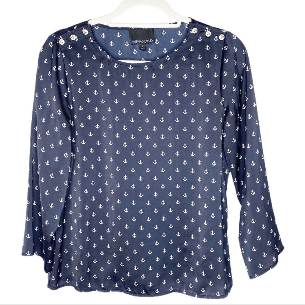 Cynthia Rowley Navy Blue Anchor Print Nautical Blouse Size Small